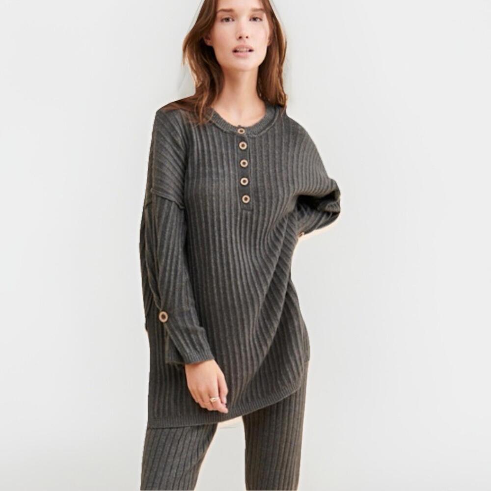 Free People Intimately Sweater Gray Henley Ribbed Long Sz Xs Oversized